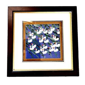 Hmong Embroidery Hand Stitch Folk Art White Swan Mat Framed Excellent 9 x 9"